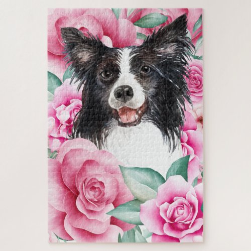 Collie dog face watercolor drawing pink rose jigsaw puzzle