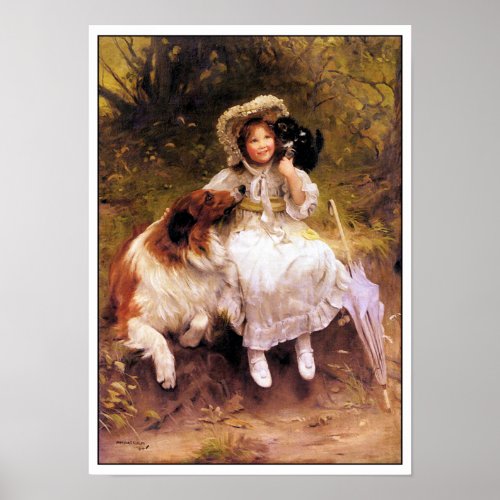 Collie Dog Girl and Cat Poster Print