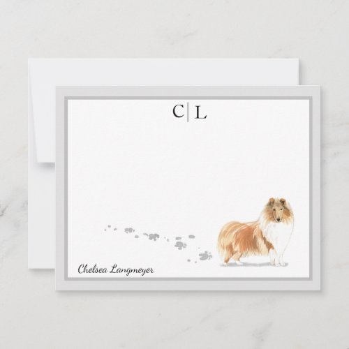 Collie Dog Gray Border Monogram  Your Name Note Card