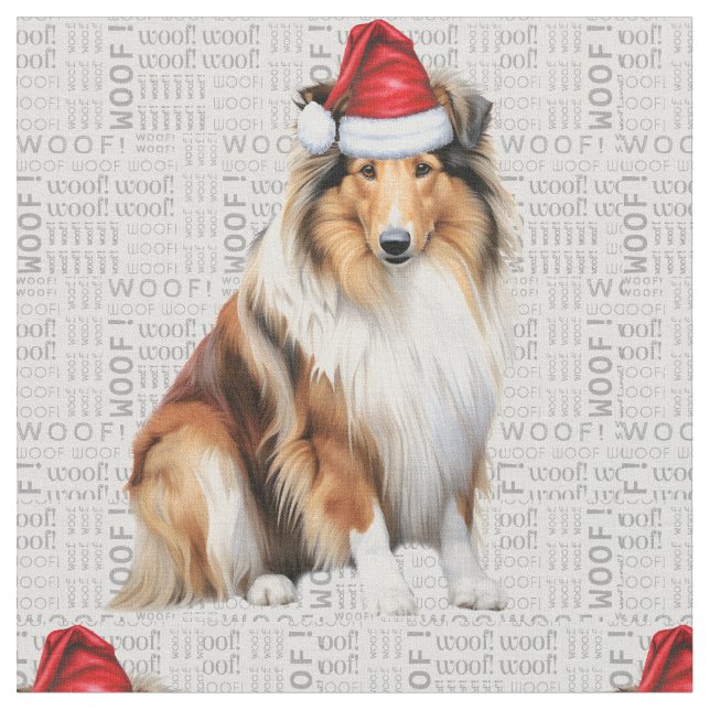 Collie Dog on Gray Woof Art Christmas Holiday Fabric (Close Up)