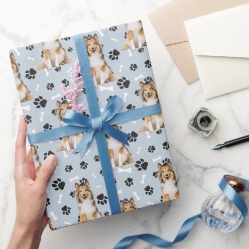 Collie Dog Paw Print Pattern Wrapping Paper