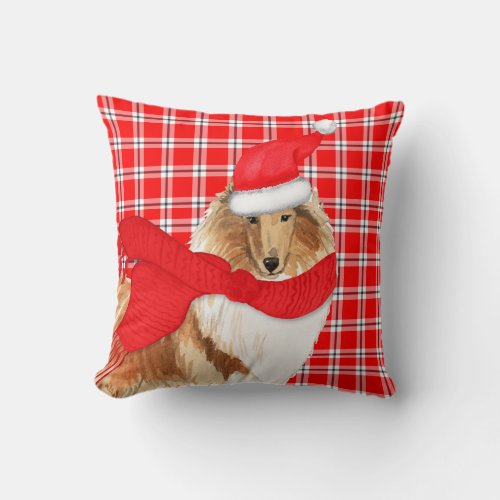 Collie Dog Red Plaid Christmas Holiday Throw Pillow