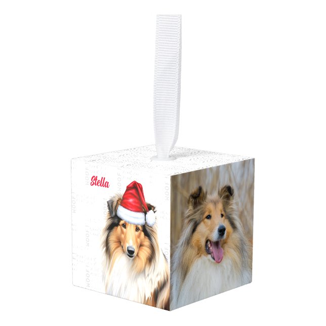 Collie Dog Two Photo Christmas Holiday Cube Ornament (Front Angled)