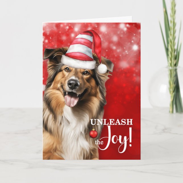 Collie Dog Unleash the Joy Christmas Holiday Card (Front)