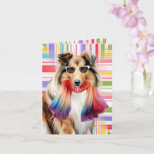 Collie Dog with Rainbow Plaid Monogrammed Card