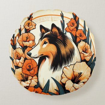 Collie Gladiolus Collies Dog Art                   Round Pillow by BoogieMonst at Zazzle