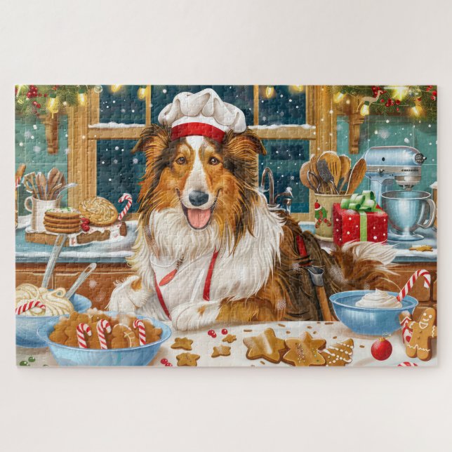 Collie Holiday Baking: Festive Christmas Jigsaw Puzzle (Horizontal)