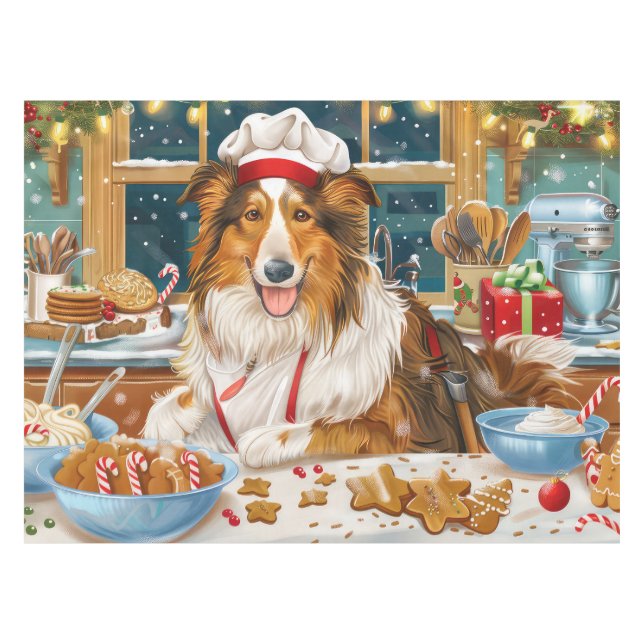 Collie Holiday Baking: Festive Christmas Tablecloth (Front (Horizontal))