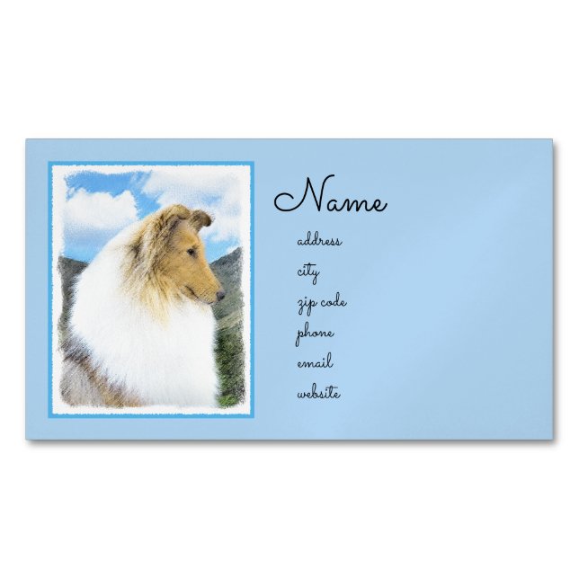 Collie in Mountains (Rough) Painting - Dog Art Business Card Magnet (Front)