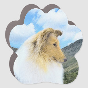 Collie in Mountains (Rough) Painting - Dog Art Car Magnet