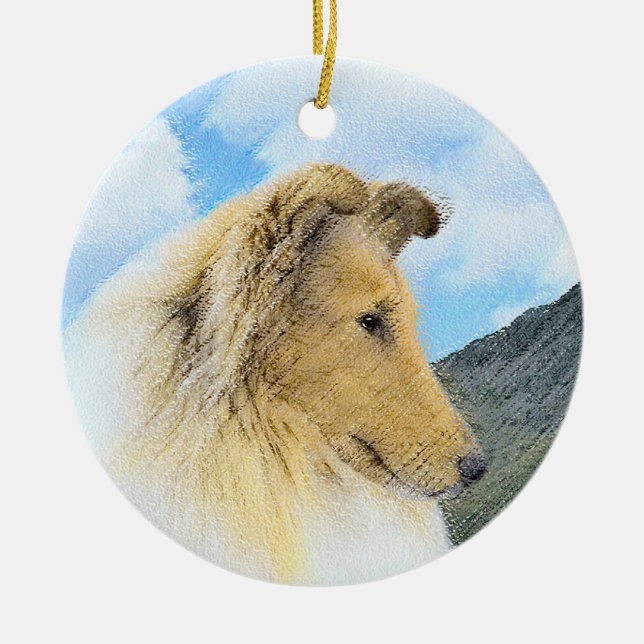 Collie in Mountains (Rough) Painting - Dog Art Ceramic Ornament (Front)