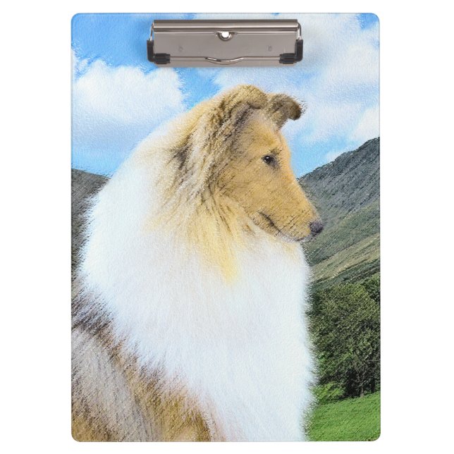 Collie in Mountains (Rough) Painting - Dog Art Clipboard (Front)