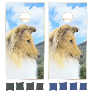 Collie in Mountains (Rough) Painting - Dog Art Cornhole Set