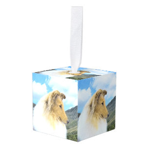 Collie in Mountains (Rough) Painting - Dog Art Cube Ornament