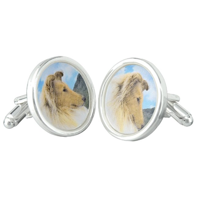 Collie in Mountains (Rough) Painting - Dog Art Cufflinks (Angled)