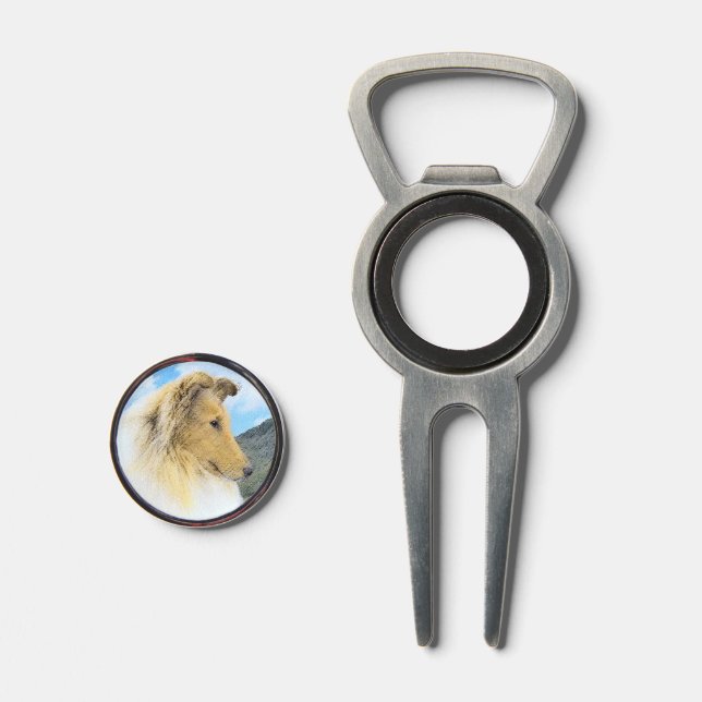 Collie in Mountains (Rough) Painting - Dog Art Divot Tool (Front (Open))