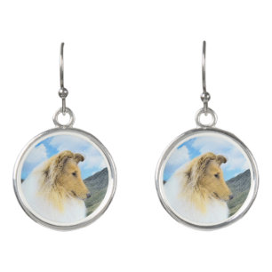 Collie in Mountains (Rough) Painting - Dog Art Earrings