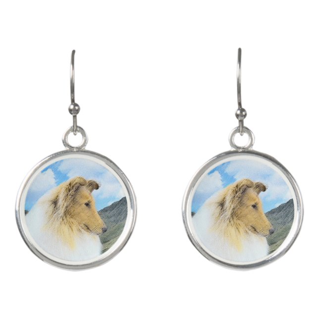 Collie in Mountains (Rough) Painting - Dog Art Earrings (Front)