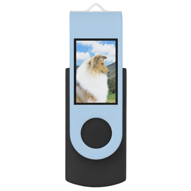 Collie in Mountains (Rough) Painting - Dog Art Flash Drive (Back (Vertical))