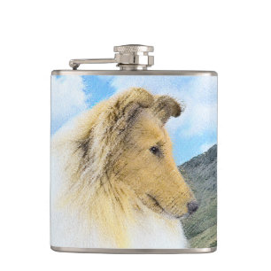 Collie in Mountains (Rough) Painting - Dog Art Flask