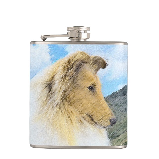 Collie in Mountains (Rough) Painting - Dog Art Flask (Front)