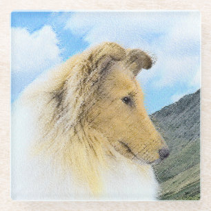 Collie in Mountains (Rough) Painting - Dog Art Glass Coaster