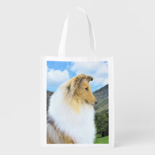 Collie in Mountains (Rough) Painting - Dog Art Grocery Bag