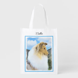 Collie in Mountains (Rough) Painting - Dog Art Grocery Bag