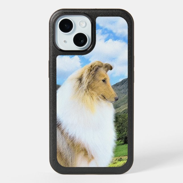 Collie in Mountains (Rough) Painting - Dog Art iPhone 15 Case (Back)