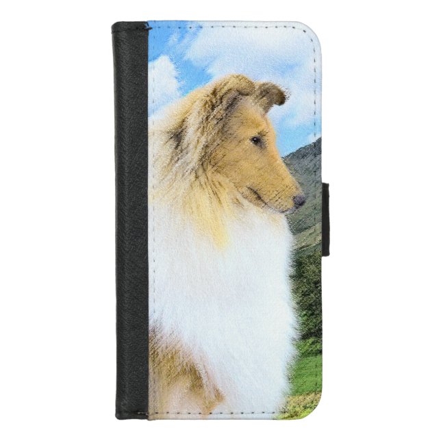 Collie in Mountains (Rough) Painting - Dog Art iPhone Wallet Case (Front)