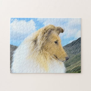 Collie in Mountains (Rough) Painting - Dog Art Jigsaw Puzzle