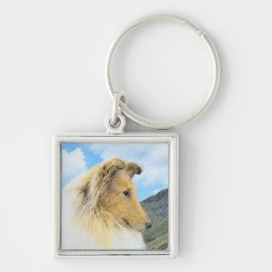 Collie in Mountains (Rough) Painting - Dog Art Keychain