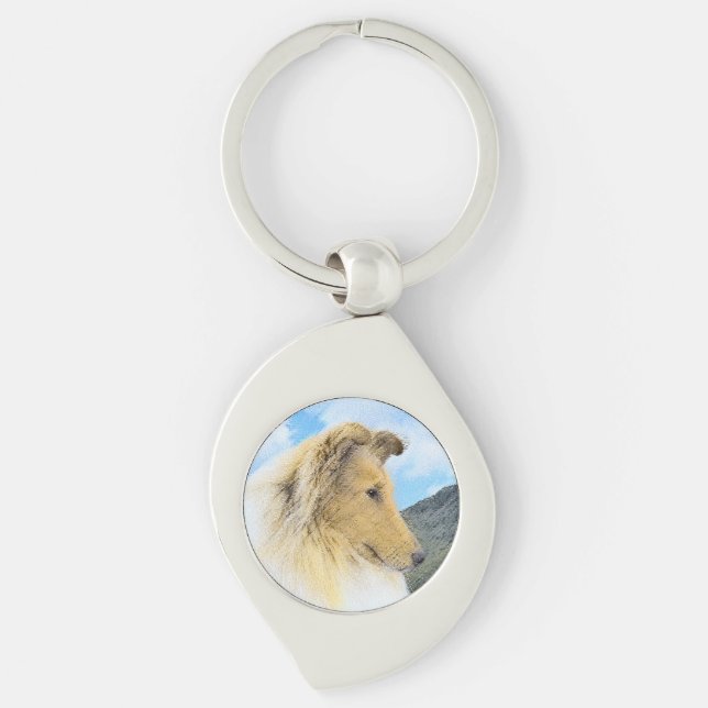 Collie in Mountains (Rough) Painting - Dog Art Keychain (Front)