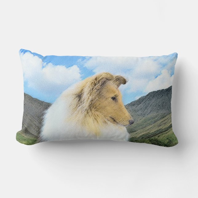 Collie in Mountains (Rough) Painting - Dog Art Lumbar Pillow (Front)