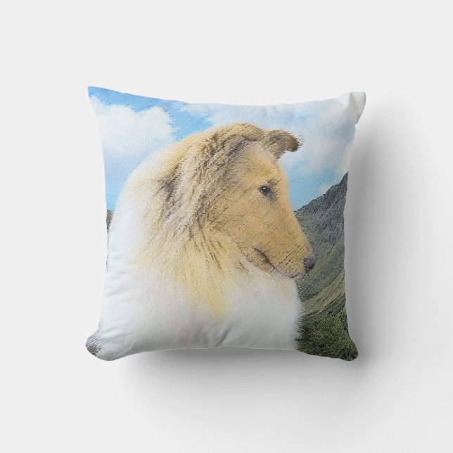 Collie in Mountains (Rough) Painting - Dog Art Outdoor Pillow (Front)