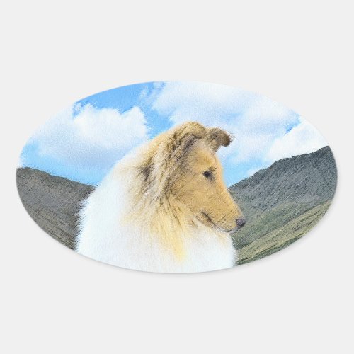 Collie in Mountains Rough Painting _ Dog Art Oval Sticker