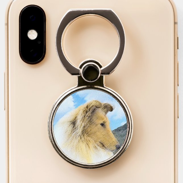 Collie in Mountains (Rough) Painting - Dog Art Phone Ring Stand (Close Up)
