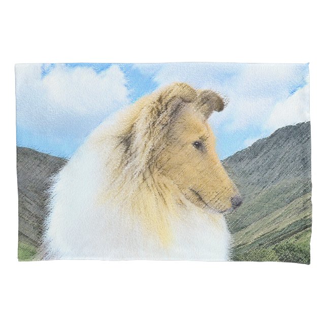 Collie in Mountains (Rough) Painting - Dog Art Pillow Case (Front)