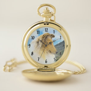 Collie in Mountains (Rough) Painting - Dog Art Pocket Watch
