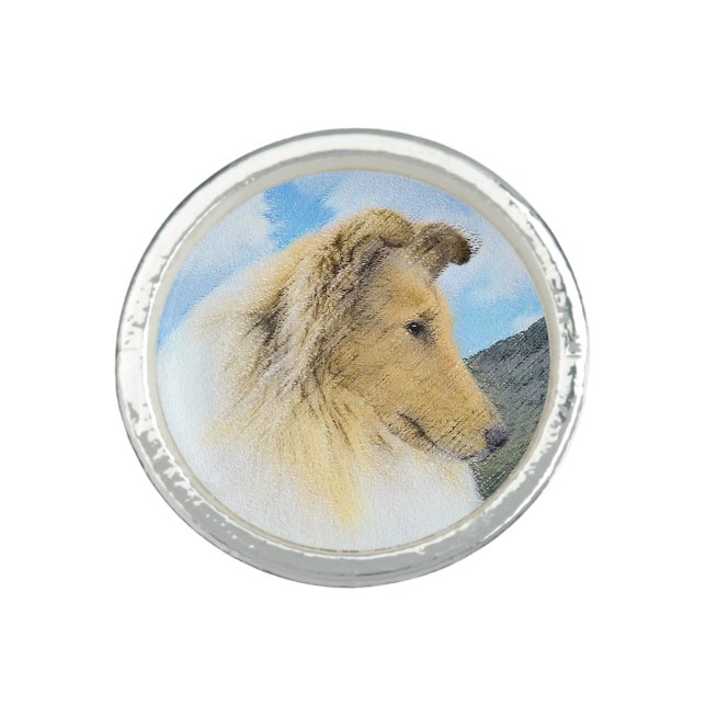 Collie in Mountains (Rough) Painting - Dog Art Ring (Front)