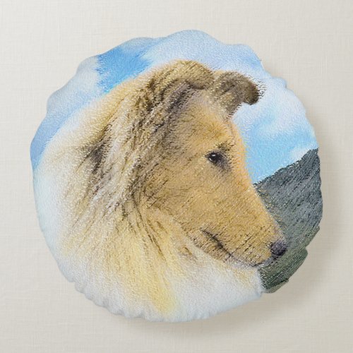 Collie in Mountains Rough Painting _ Dog Art Round Pillow