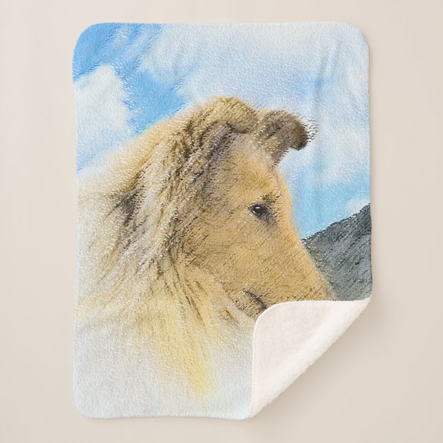 Collie in Mountains (Rough) Painting - Dog Art Sherpa Blanket (Front)