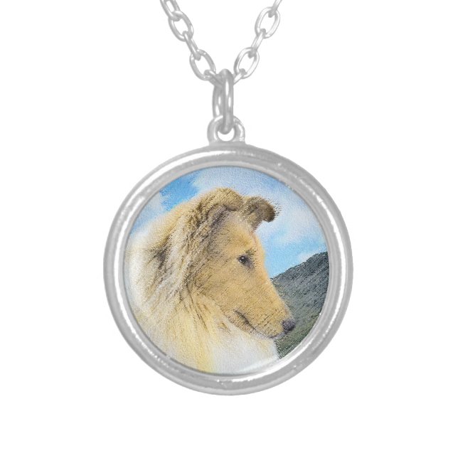 Collie in Mountains (Rough) Painting - Dog Art Silver Plated Necklace (Front)