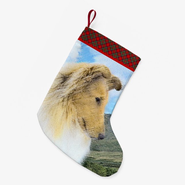 Collie in Mountains (Rough) Painting - Dog Art Small Christmas Stocking (Front (Hanging))