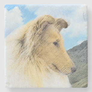 Collie in Mountains (Rough) Painting - Dog Art Stone Coaster