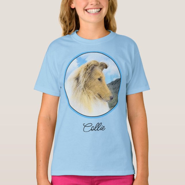 Collie in Mountains (Rough) Painting - Dog Art T-S T-Shirt (Front)