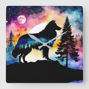 Collie on mountain top on colorful forest square wall clock