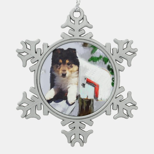 Collie Puppy Christmas Mailbox Snowflake Pewter Christmas Ornament (Front)