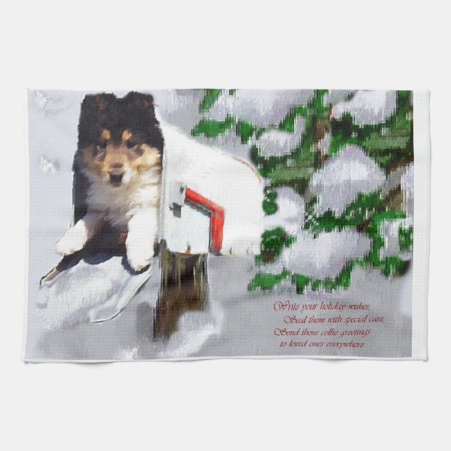 Collie Puppy Christmas Mailbox Towel (Horizontal)