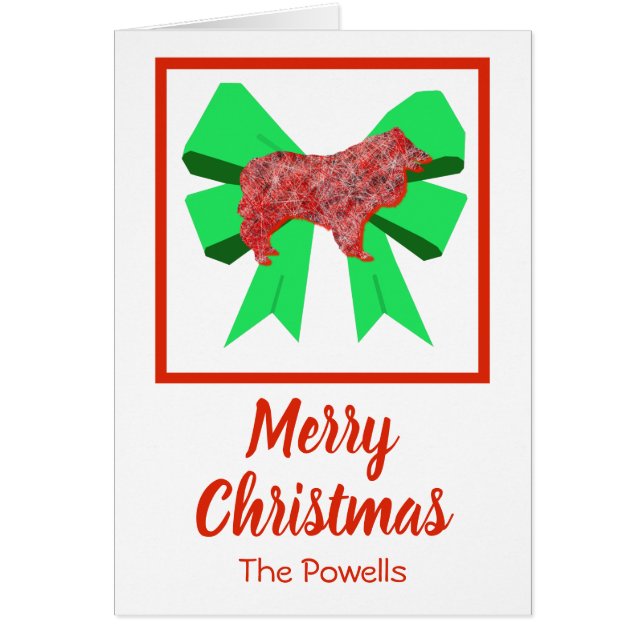 Collie Rough Christmas Dog & Green Bow Christmas Cards (Front)